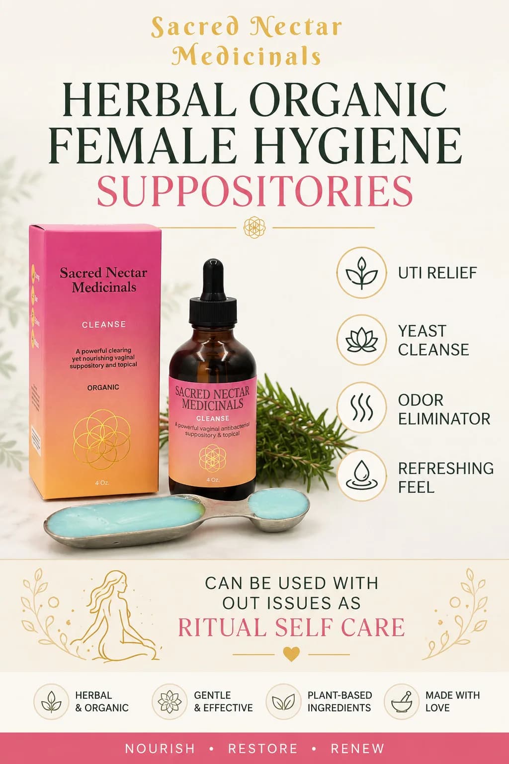 Sacred Nectar Medicinals CLEANSE herbal organic female hygiene suppositories