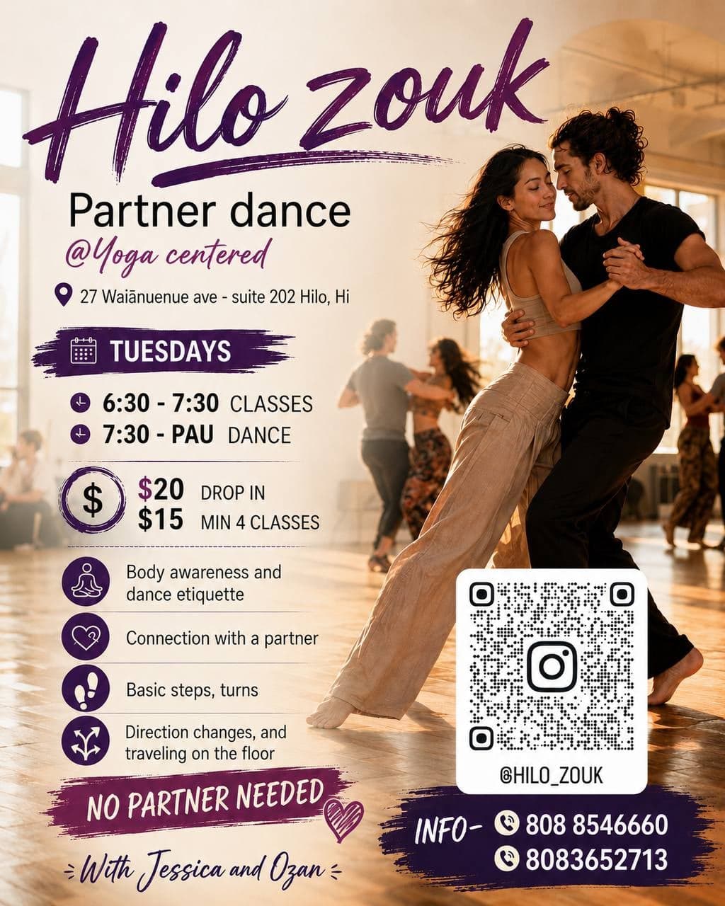 Hilo Zouk Partner Dance Class (Tuesdays)